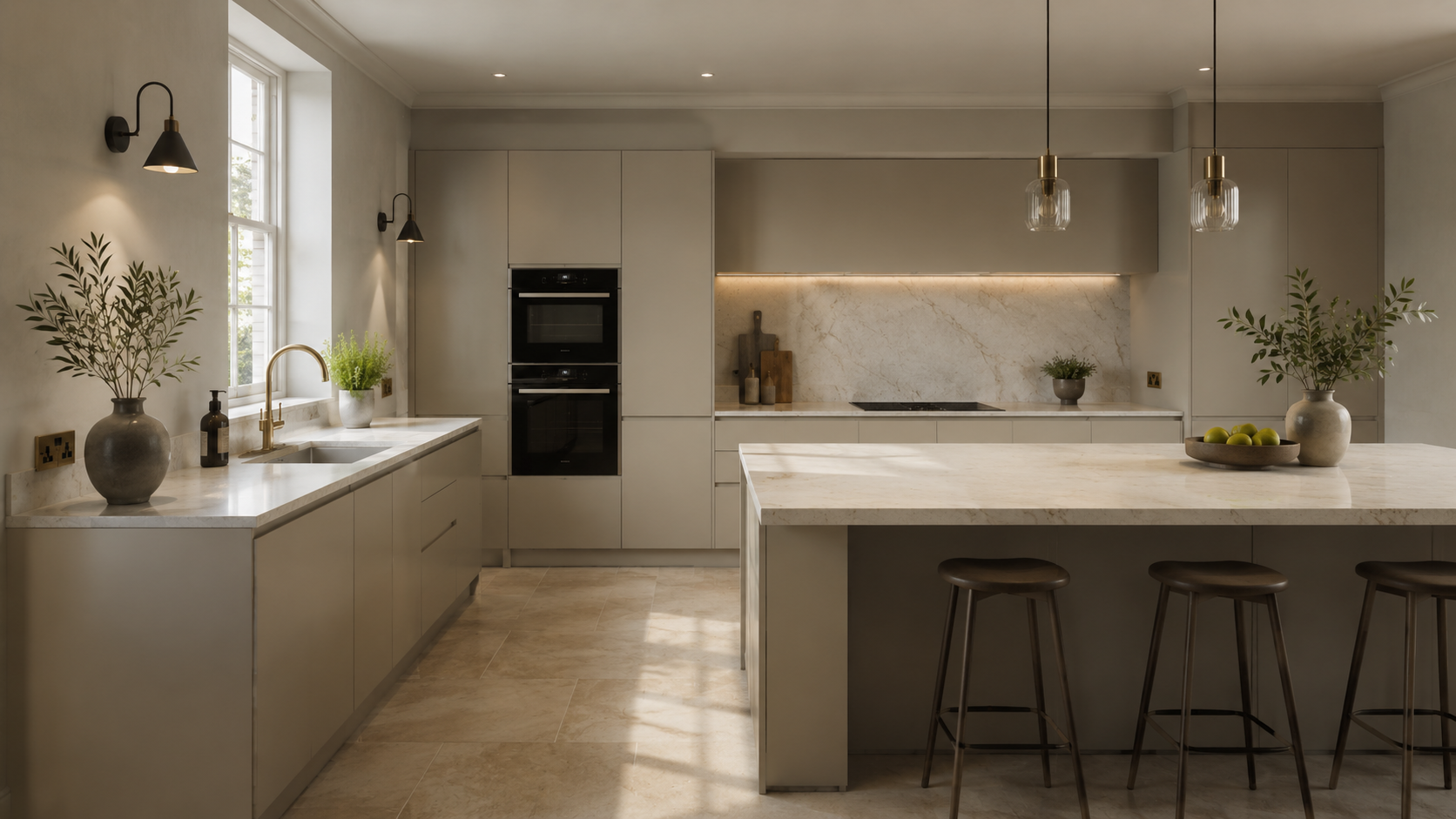 Modern English kitchen with island, integrated ovens and warm neutral tones
