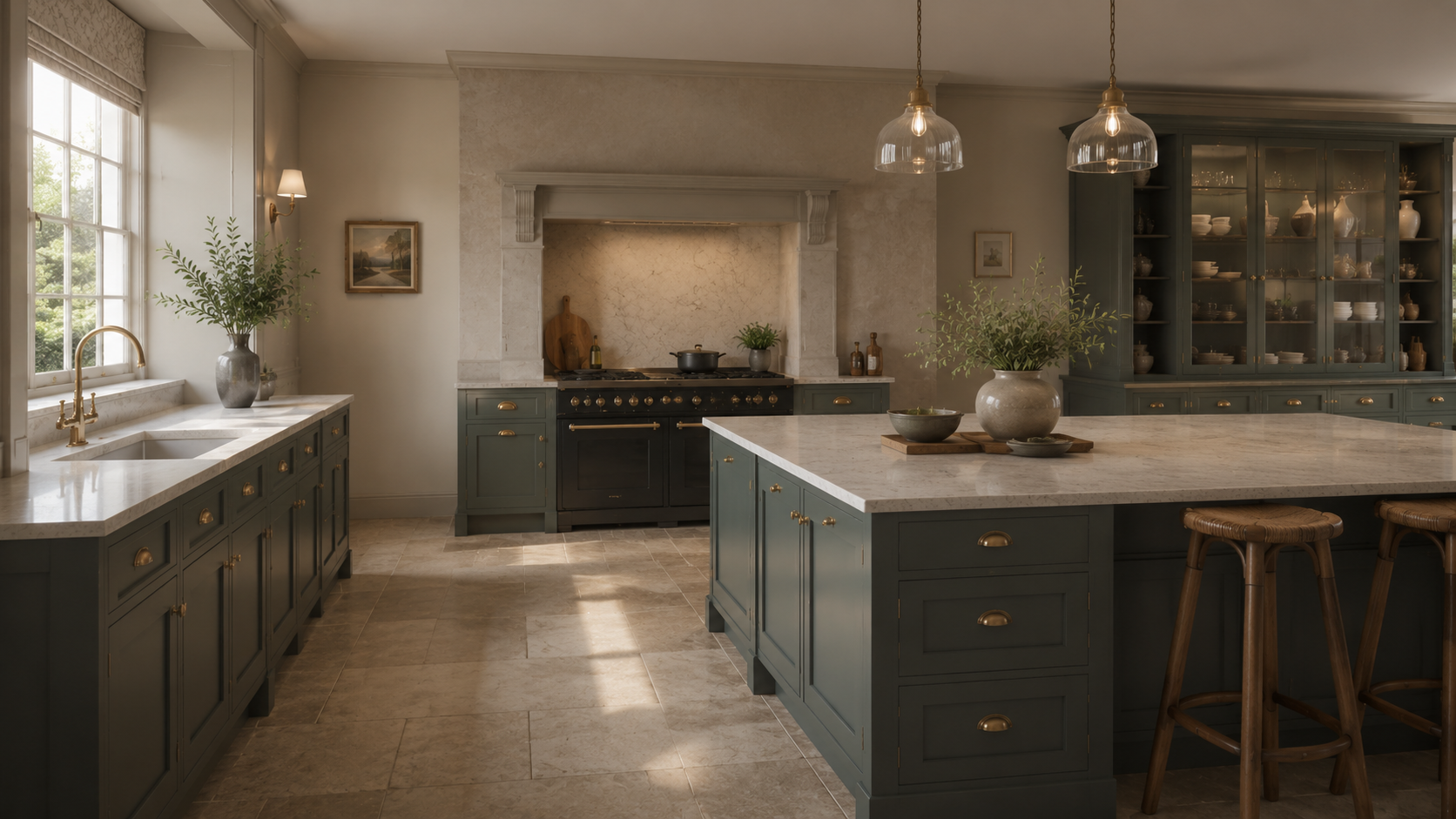 Classic English in-frame kitchen with painted cabinetry and brass hardware
